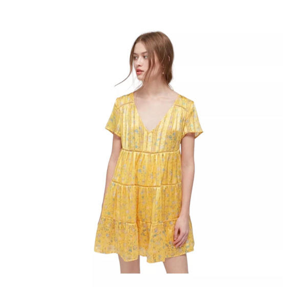 Urban Outfitters Womens Yellow Short Sleeve VNeck Floral Tiered Mini Dress Small - Picture 1 of 8